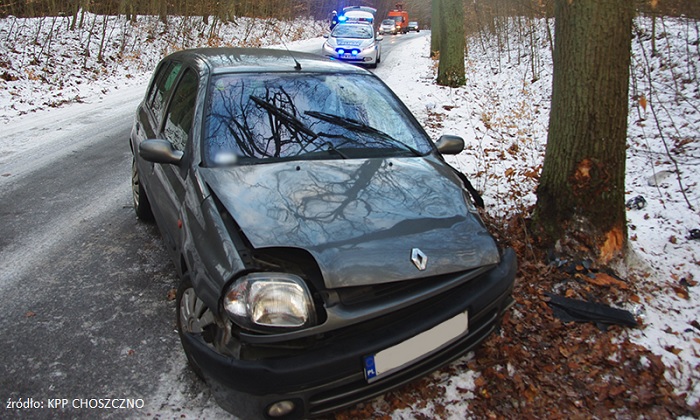 Uwaga na drogach i chodnikach. Jest bardzo ślisko! Renault uderzyło w drzewo...