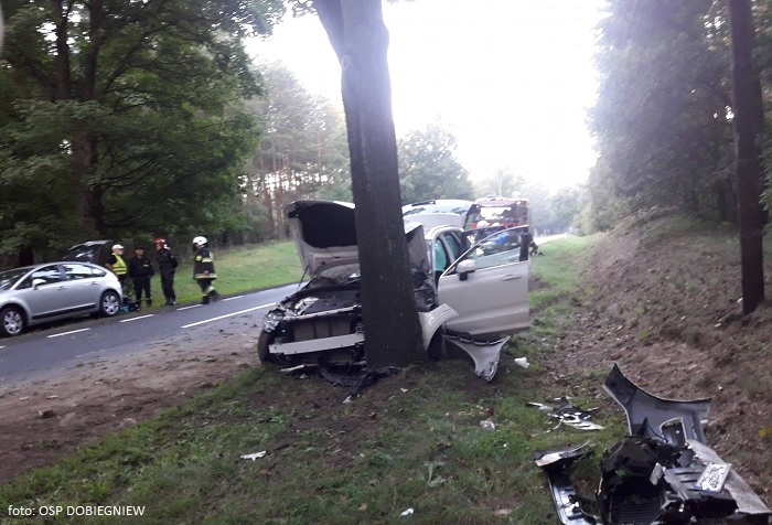 Wypadek na DK 22 w m.Chrapów. Samochód uderzył w drzewo